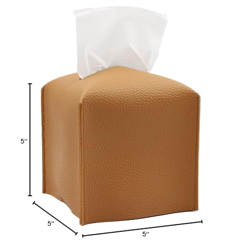 Livelab Tissue Box Cover, Modern Square Decorative PU Leather Facial Paper Case Organizer Holder Dispenser for Bathroom, Vanity Countertop, Night Stands, Desk, Car 5X5X5'' | Camel - color: Camel