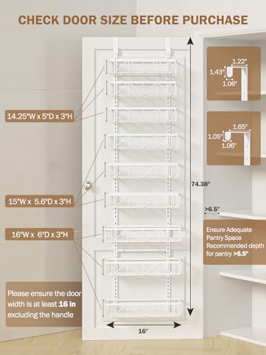 Delamu Adjustable Over the Door Pantry Organizer, 9-Tier Metal Pantry Organization and Storage for Kitchen, Hanging Spice Rack Seasoning Shelves, Cabinet Door Organizer for Easy Install, 16" White - color: White, size: 16"W 9-Tier