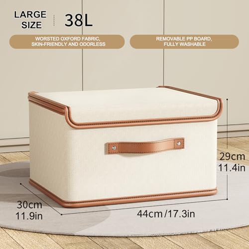 4 PCS Oxford Fabric Storage Bins with Attached Lid - Large Clothes Organizer (44x30x29cm), Breathable Collapsible Closet Bins for Clothing, Seasonal & Dorm Organization, Beige - size: 4PCS