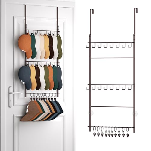 HapiRm Over Door Hat Rack - 3 Tier Wall Mounted Hat Organizer with 16 Hooks and 10 Movable Clips, Cap Hanger Storage up to 26 Caps for Door, Bedroom, Closet USPTO Patent Pending - color: Brown, size: 3 Tier