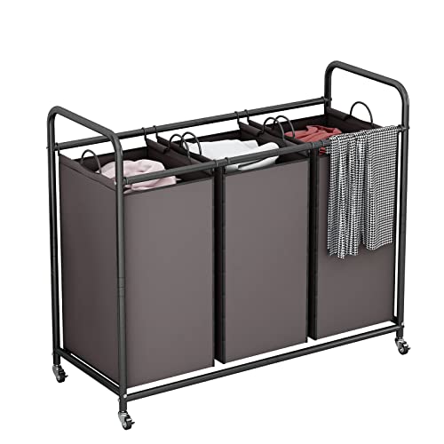 LINZINAR 3-Bag Laundry Sorter,Laundry Hamper Cart with Heavy Duty Rolling Lockable Wheels and Removable Bags (Brown) - size: 3 Bags Brown