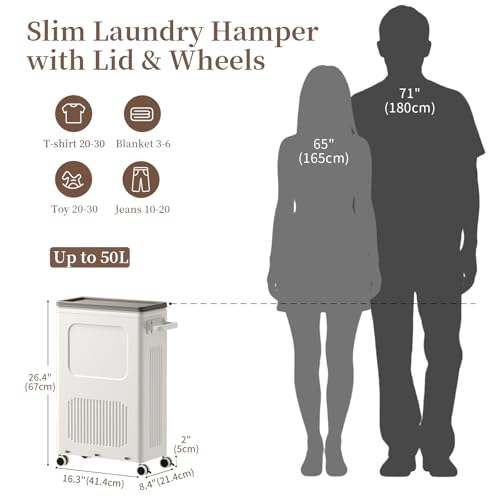HAIXIN HOME Slim Laundry Hamper with Lid, 50L Plastic Tall Laundry Basket with Wheels, Compact Size for Narrow Space, Rolling Laundry Cart with Handle for Easy Transport to Laundry Room (2 Pack) - color: Milky, size: 50L - 2 Pack