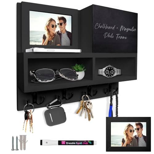 Spacelog Key and Mail Holder for Wall with Chalkboard – Magnetic Photo Frame Key Holder Wall Mount, Black, Dual Storage & Cupboards Mail and Key Organizer for Wall - color: Black
