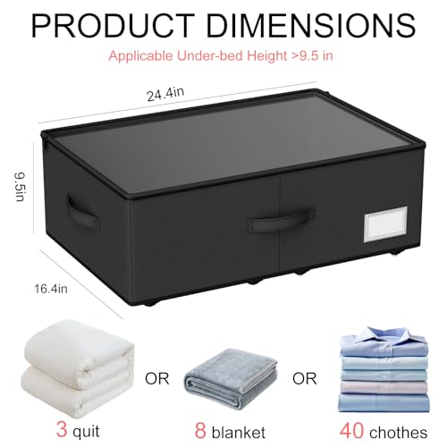 Under Bed Storage with Wheels,Under Bed Shoe Storage Organizers,Underbed Storage Bins,Rolling Under the Bed Storage Containers for Shoes Clothes in Dorm Bedroom,2 Pack（Black）