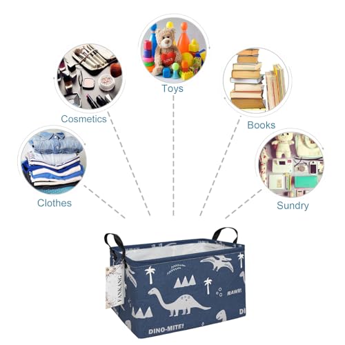 FANKANG Storage Bins, Nursery Hamper Canvas Laundry Basket Foldable with Waterproof PE Coating Large Storage Baskets for Kids Boys and Girls, Office, Bedroom, Clothes,Toys(Rec-Blue dinosaur） - color: Rec-Blue dinosaur