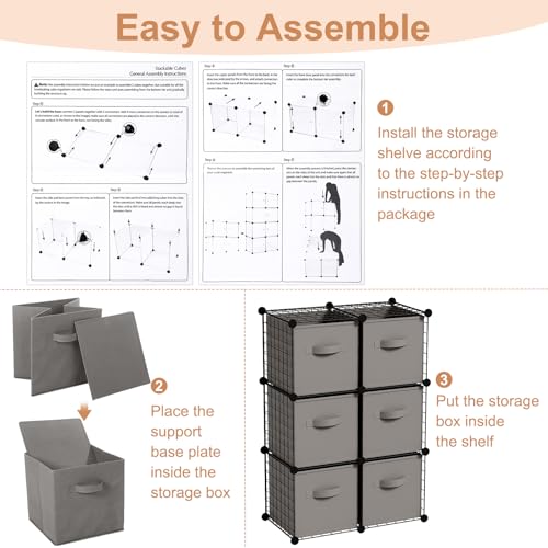 Leinuosen 6 Cube Storage Organizer with 6 Foldable Fabric Storage Bins, Metal Wire Grid Shelves, Stackable Modular Closet Organizer for Bedroom Living Room Office Toys Books(Black,Gray) - color: Black,Gray