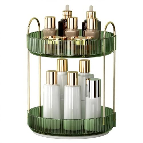 YCIA&DONE 360 Rotating Makeup Organizer and Storage for Vanity Countertop 2 Tiers, High Capacity Cosmetic Skincare Perfume Organizers for Dresser Bathroom Lazy Susan (Vintage Green) - color: Vintage Green, size: 9" (2 Tiers)