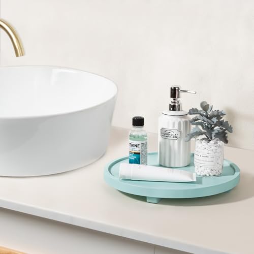 Round Decorative Tray Wood Bathroom Counter Organizer Farmhouse Kitchen Decor Wooden Riser for Soap Dish, Perfume, Candle, Sponge, 12" - Light Blue - color: Light Blue, size: 12"