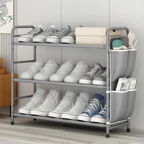 3 Tier Shoe Rack with Side Pockets, Shoe Organizer Space Saver Storage for 7-9 Pairs Shoes Storage Shelf Sturdy Free Standing Metal Long Shoe Holder Organizer for Closet, Entryway Grey - color: Grey, size: 3 Tier