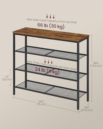 VASAGLE 4-Tier Shoe Rack, Large Shoe Storage Organizer for Closet, Entryway, 15-20 Pairs, with 3 Metal Mesh Shelves, 10.8 x 29.5 x 28.5 Inches, Rustic Brown and Black ULBS114KD01 - color: Rustic Brown, size: 4 Tiers (29.5"W)
