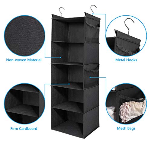 MAX Houser 5-Shelf Hanging Closet Organizer,Space Saver, Cloth Hanging Shelves with 4 Side Pockets,Foldable, Black - color: Black