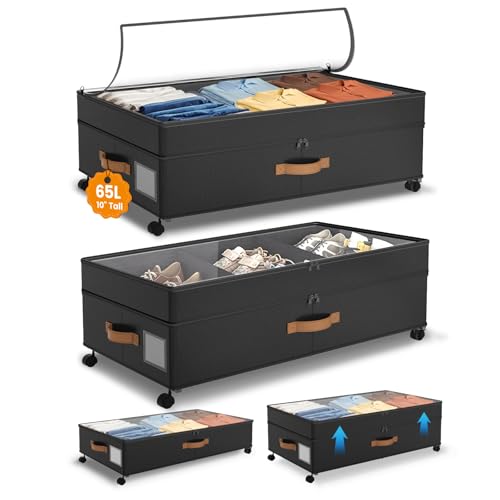 Under Bed Storage with Wheels, 10 inches Under Bed Storage Containers, 65L XXL Large Adjustable Underbed with Lids, Rolling Underbed Storage bins for Shoes, Clothes, Blankets, Black - color: Black