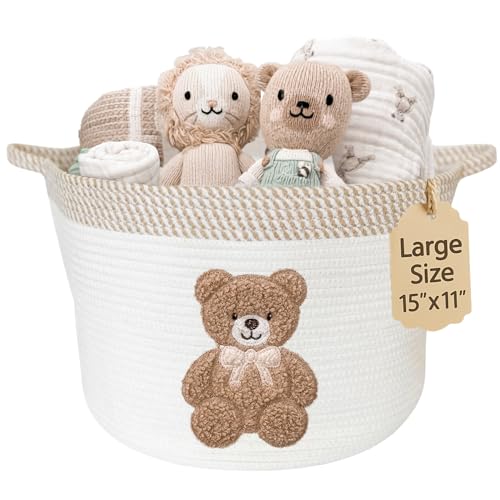 Teddy Bear Storage Basket for Nursery – Large 15"x11" Cotton Rope Bin with Soft Embroidered Bear Patch – Gender Neutral Toy Organizer, Baby Laundry Hamper, Blanket & Diaper Holder - color: Neutral Teddy
