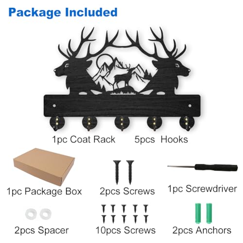 MAYJOYDIY Deer Mountain Forest Coat Hooks Wall Mounted 11.8×7.9inch Black Wooden Deer Key Holder for Wall 5 Alloy Hooks Wall Art Decor Deer Hangers for Towel Key Kitchen Bedroom Entryway Gifts - color: Deer Mountain Forest