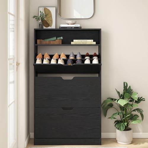 VASAGLE Custos Collection - Shoe Cabinet, Shoe Organizer, Open Compartment, Adjustable and Removable Dividers, 3 Flip Drawers, 9.4 x 31.5 x 54.5 Inches, for 21-24 Pairs, Ebony Black ULBC043BC01 - color: Ebony Black, size: 9.4"D x 31.5"W x 54.5"H, style: s