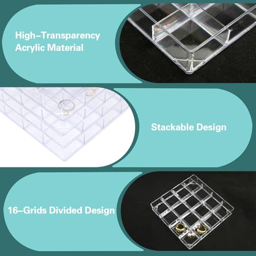 4 PCS Stackable Jewelry Organizer Tray, Plastic Storage Box with 16 Mini Grid (1.57''), Clear Organizer Tray for Drawer Dresser Vanity Desk, Jewelry Storage Box for Necklaces Bracelets Rings Earrings