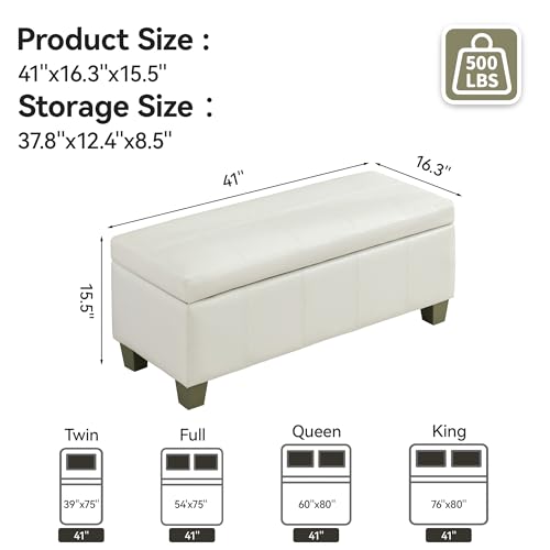 WUTUTUEE 41" Faux Leather Storage Ottoman, Stitch Tufted Rectangle Upholstered End of Bed Storage Bench, Entryway Large Couch Ottoman with Wooden Legs,White - color: White, size: 41 Inch