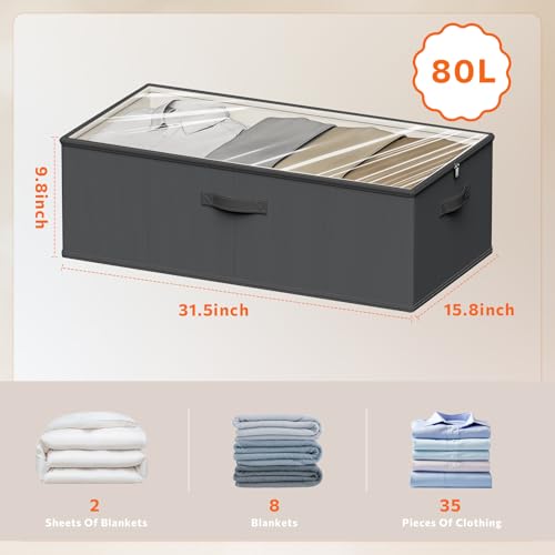 Under Bed Storage Containers, 10 Inches Tall 80L, Foldable Underbed Storage Bags, Closet Organizers and Storage Bins for Clothes and Blankets, Sweaters, Shoes,2-Pack (Black, 31.5x15.8x10 In) - color: Black
