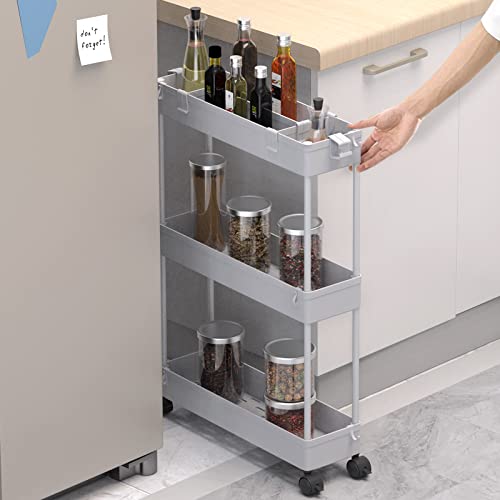 SPACELEAD Slim Storage Cart 3 Tier,Bathroom Organizer Rolling Utility,Mobile Shelving Unit Slide Out for Office, Kitchen, Laundry Room & Narrow Places,Gray - color: Grey