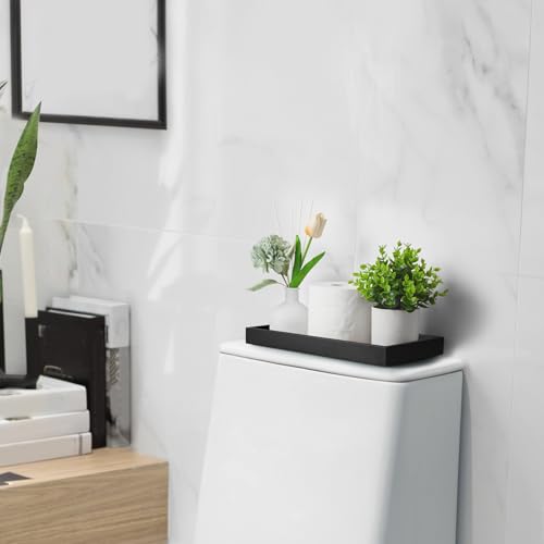 ALELION 13" Bathroom Vanity Tray for Counter - Black Wood Tray for Toilet Tank Makeup Perfume Jewelry Catchall Coffee Table - Wooden Kitchen Countertop Organizer for Soap Dispenser - color: Black, size: 6.5" x 1.2" x 13"
