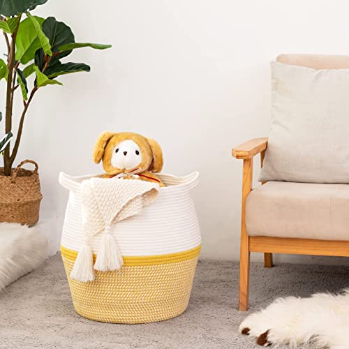 KAKAMAY Woven Baskets for Storage(17"x17"),Large Cotton Rope Woven Baby Laundry Hamper,Collapsible Laundry Basket, Blanket Basket for Organizing Living Room,Nursery,Pillows,Toy Chest(Yellow) - color: Yellow