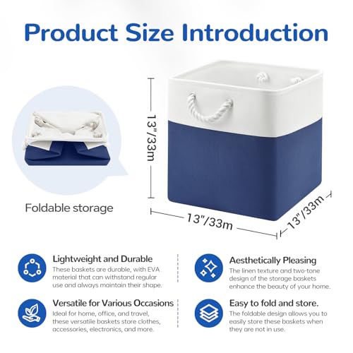 13 x 13 Inch Cube Storage Bins, 6 Pack Fabric Storage Basket with Handles, Foldable Boxes Organizer for Shelf Baskets for Home, Clothes (White/Blue) - color: WhiteBlue, size: 13inX13inX13in-6P