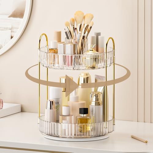 360° Rotating Makeup Organizer, Upgraded 2 Tier Skincare Perfume Organizers for Women, Bathroom Organizer Countertop, Clear Cosmetic Dresser Organizer with Makeup Brush Holder, Sink&Counte (Clear) - color: Clear, size: 2 Tier