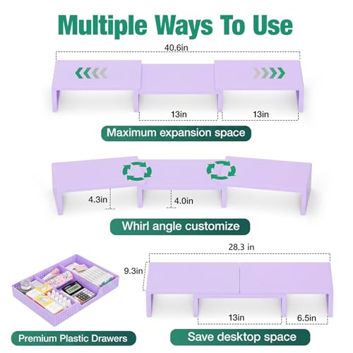OPNICE Dual Computer Monitor Stand Riser with Drawer, Workspace Desk Organizer, Office Supplies Desk Accessories for Women, Purple - color: Purple