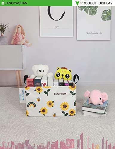 LANGYASHAN Rectangular Storage Bin Collapse Canvas Fabric Cartoon Storage Basket with Handles for Organizing Home Kitchen Boys and Girls Toys Office Closet Shelf Baskets(Rec Sunflower) - color: Rec Sunflower