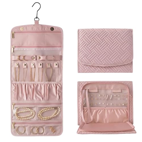 Jewelry Organizer with Hanger,Hanging Jewelry Organizer, Portable Travel Jewelry Bag,Foldable Storage for Earrings, Rings, and Watches; Can Be Hung on Wardrobes, Walls, or Doors, Pink - color: Pink