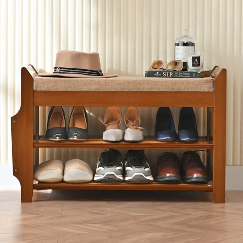 PETKABOO 2 Tier Shoe Bench, Bamboo Shoe Rack Bench, Shoe Storage Bench Organizer for Entryway Hallway Living Room - size: 31.5 in