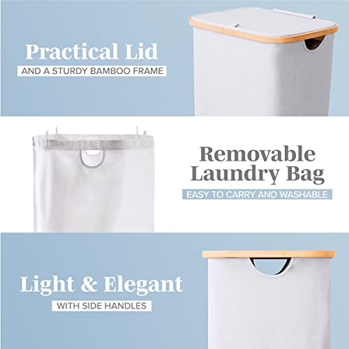 LONBET Laundry Basket with Lid, Made from Breathable Fabric | Aesthetic Clothes Hampers for Laundry with Side Handles & Sturdy Bamboo Frame (26 Gallons - Single, Light Gray) - color: Light Gray, style: 26 Gallons - Single