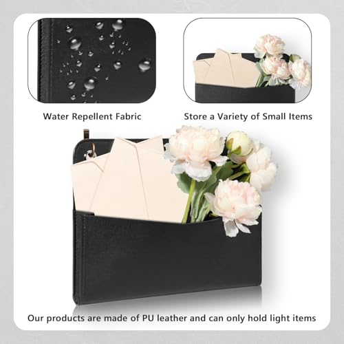 Wall Mount PU Leather Mail Holder Black Faux Leather Letter Holder 2 Ring 9.8" x 7.7" x 1.4" File Organizer Stylish Wall Hanging Mail Storage for Flowers Envelope Key Notebooks Home Office Decor - color: Black