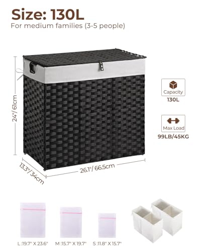 Greenstell Laundry Hamper with lid, No Install Needed, 130L Wicker Laundry Baskets Foldable 2 Removable Liner Bags, 2 Section Clothes Hamper Handwoven Rattan Laundry Basket with Handles, Black - color: Black, size: 130L (26.2x13.3x24.0 Inches)