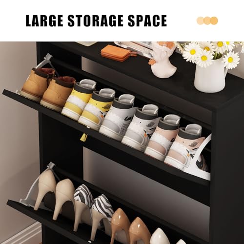 AVZEAR Narrow Shoe Cabinet with 2 Flip Drawer, Freestanding Shoe Organizer Shoe Cabinet Storage for Entryway, Slim Shoe Storage Shoe Rack for Closet with Linen Doors in Hallway, Living Room(Black) - color: Black, size: 2 Drawers Single Layer