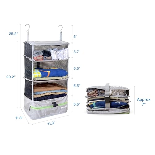 Grand Fusion Stow-N-Go Portable Hanging Travel Shelves, Packing Organizer for Luggage. Carry on Closet with Hanger for Clothes. Expandable Packing Cube. Travel Essentials, Light Gray - L - color: Light Gray, size: L = (L) 11.8" x (W) 11.8"