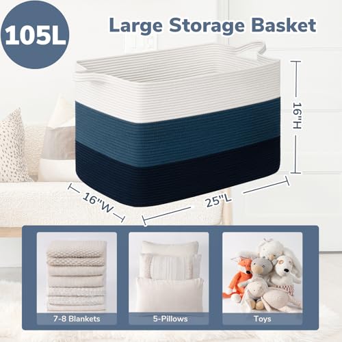 Goodpick 105L Extra Large Woven Basket 25" x 16" x 16" Cotton Rope Storage Baskets for Organizing, Rectangle Blanket Basket Living Room, Toy Storage Baskets for Kids, Blue - color: Light Blue, size: XX-Large(25"L x 16"W x 16"H)