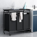 LINZINAR 3 Bag Laundry Basket Sorter Heavy Duty Rolling Lockable Wheels Laundry Hamper Cart with Ironing Board and Removable Bags, Black - size: 3 Bags Black with Board