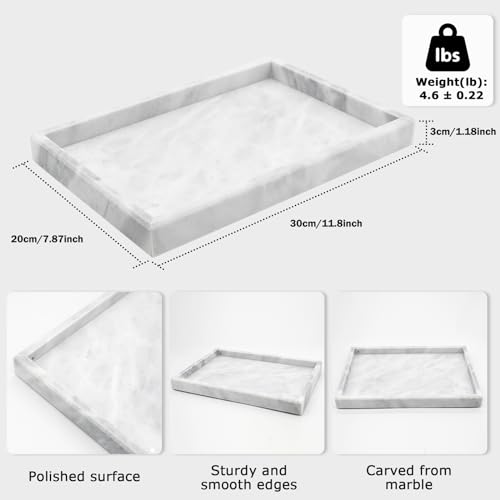 Marble Bathroom Tray,Pure Natural Marble Vanity Tray,Marble Tray for Kitchen Counter Non-Ceramic/Non-Resin,Stone Tray 12 x 8 inch (White) - color: White