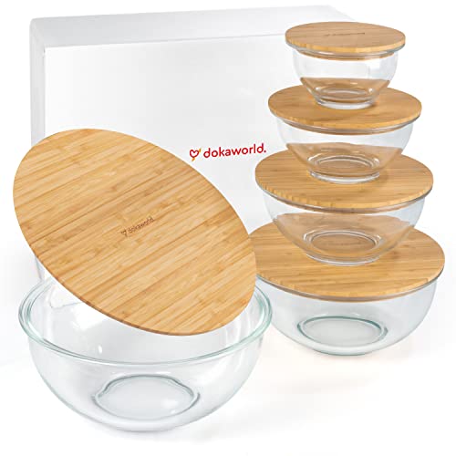 Stackable Space-Saving Set of 5 Nesting Glass Bowls with Bamboo Lids for Foodprep, Storage, Baking, Mixing & Cooking, Microwave & Oven Safe BPA Free Heat Resistant Inert Borosilicate Glass - color: 5 Mixing Bowls with Bamboo Lids