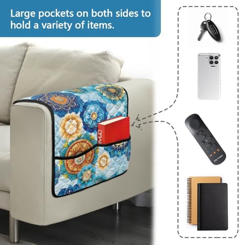 Boho Mandala Flower Print Sofa Armrest Organizer Scratch Proof Armrest Protectors with 2 Pockets for Sofa, Comfortable Armchair Slipcover for Couch Furniture Protector - color: Boho Mandala Flower