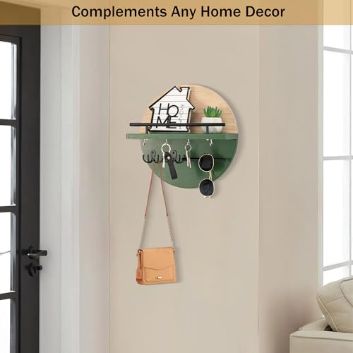 dreampossible Key Holder for Wall Decorative with Shelf and Hooks, Mail Organizer Wall Mount with Sunglasses Holder, Circular Design Entryway Key Rack Hanger, Rustic Home Decor - color: Light brown&Green