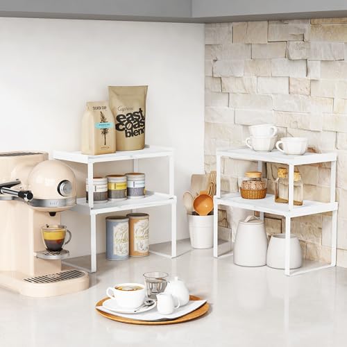 Goozii White Marble Kitchen Counter Shelf Organizer, Modern Dish Plate Organizer for Cabinet Space Saver, Small Wood Stackable 2 Tier Office Desktop Shelf Risers for Books Monitor - Set of 4 - color: White-Marble, size: Medium