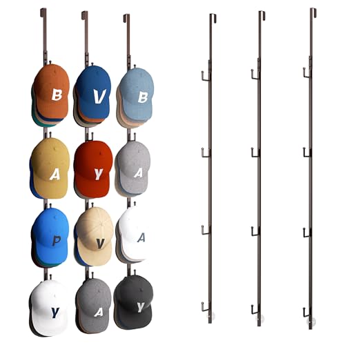 HapiRm Over Door Hat Rack - 3 Packs Hat Organizer with 12 Hooks Design, Hanging Baseball Cap Organizer Storage Holds Up to 60 Caps for Door, Bedroom, Closet (Brown) - color: Brown, size: 3 Pack