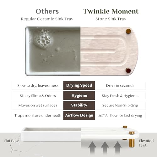 2PCS Water Absorbing Stone Soap Tray for Kitchen Bathroom Sink, Quick Dry Diatomaceous Earth Drying Rack and Shower Caddy, Soap Dispenser and Sponge Holder Organizer for Countertop, TWINKLE MOMENT; Pure White - color: Pure White
