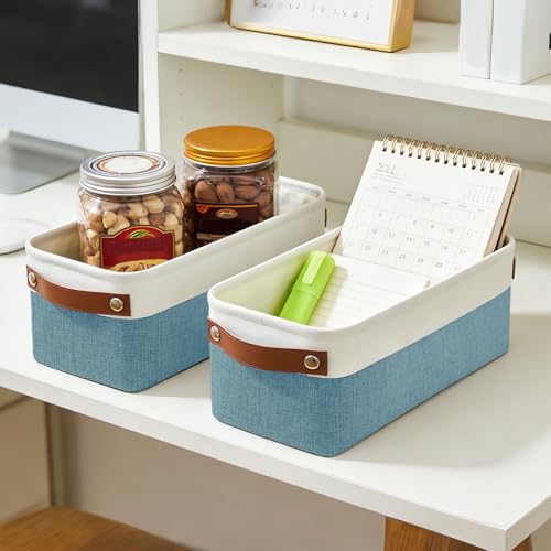 Bagnizer Small Fabric Storage Baskets, 15x6x5 inch Narrow Storage Bins 4-Pack Long Storage Basket for Organizing with Handles, Decorative Basket for Closets, Shelves, Toilet Paper, Teal - color: Teal / Off-White, size: Narrow-15"x6"x5"