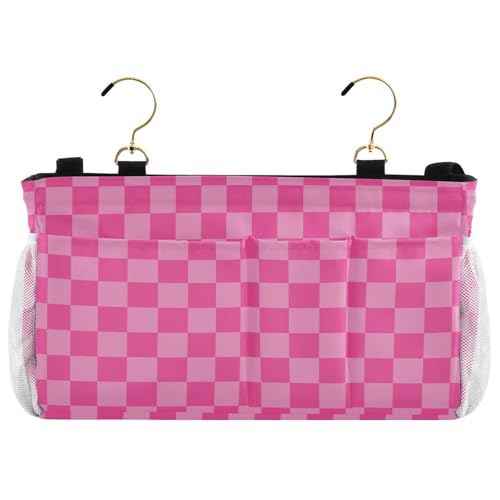 Pink Checkered Print Bedside Caddy Storage Bag Bedside Organizer for Bunk Bed Headboards College Organizer Caddy Hanging Shelf 6 Pockets with Hooks for Drinks Magazine Phone Holder - color: Checkerboard Pink
