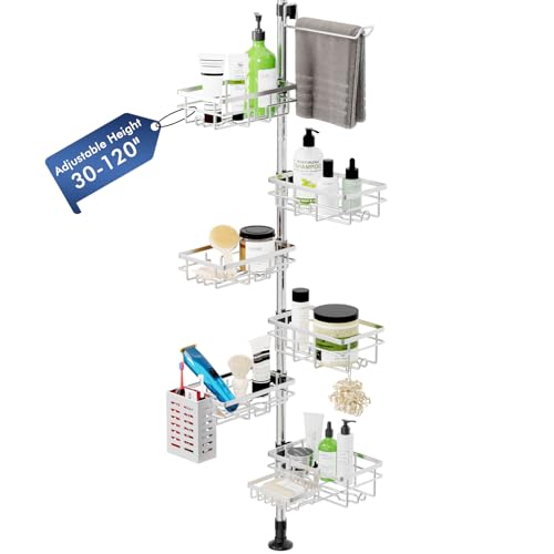 Vatex Shower Caddy Corner Tension Pole, Stainless Steel Rustproof 6 Shelves Bathroom Organizer with Towel Bar & Toothbrush Holder, Adjustable Shower Shelf for Renters - Family Stand Storage Rack - color: Silver