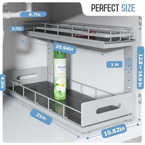 Under Sink Organizer Upgrade To Professional Rails,2-Tier Dual Pull Out Cabinet Storage,Height Adjustable Slide Out Drawers For Bathroom Kitchen,2 Pack-21"Dx12.8"-16.9"H,Gun Gray - color: Gun Gray, size: 2 Pack-21"Dx12.8"-16.9"H