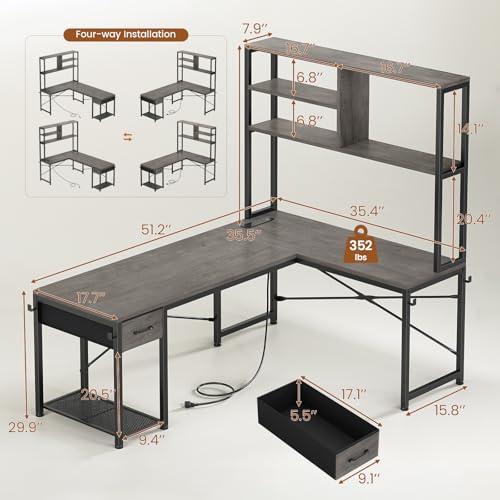 SEDETA L Shaped Gaming Desk, 51.2" Reversible Small Corner Desk with Drawer, Power Outlet & LED Lights, Computer Desk with Storage Shelves for Small Space, Grey - color: Grey